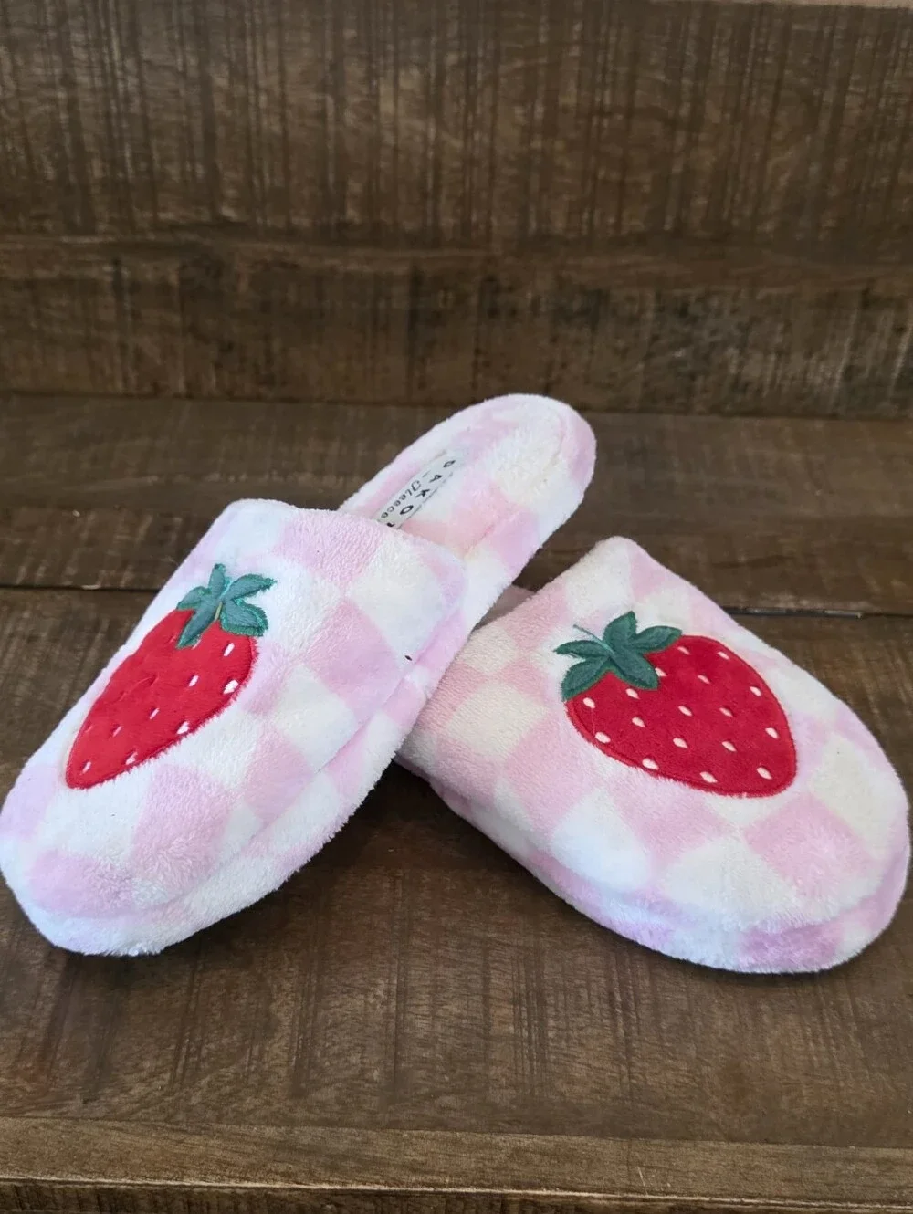 Pink Check Strawberry Kids Slippers